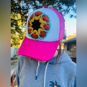 Pink Trucker Hat with Crochet Sunflower Design